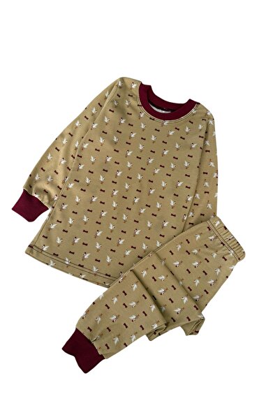 Şekerkids Girl's Beige Color Interlock Fabric Stork Patterned Long Sleeve Pajama Set