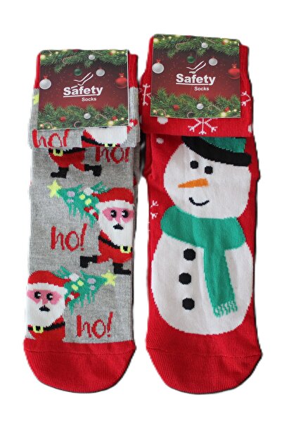 Safety Yılbaşı Konseptli Kardan Adam ve Noel Baba Desenli 2 Çift Pamuk Çorap