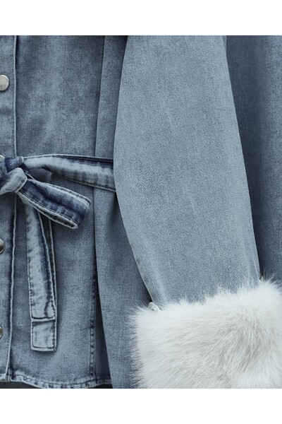 Modamorfo Peter Pan collar Denim Suit with Fur Collar and Sleeves and Belted Waist - Ice Blue