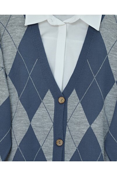 Modamorfo Buttoned Front Diamond Pattern Casual Knit Cardigan - Indigo