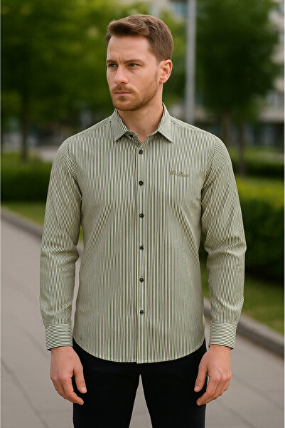 YusGos Men's Long Sleeve 100% Cotton Striped High Quality Regular Fit Shirt