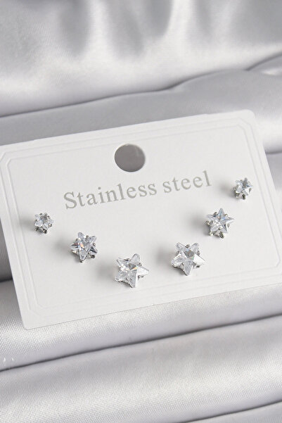 shopwave طقم أقراط نسائية من الفولاذ الفضي اللون 316L بحجر الزركون على شكل نجمة