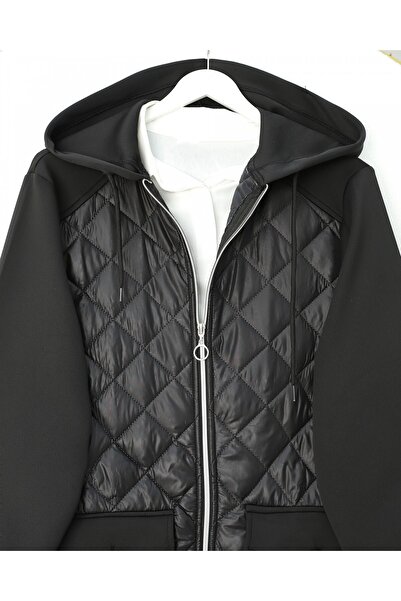 Modamorfo Hooded Scuba Sweat with Quilted Detail on the Front and Pockets - Black