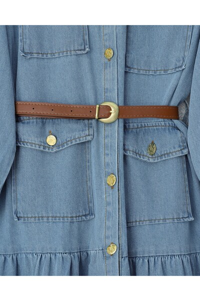Modamorfo Τζιν φόρεμα με κουμπιά και ζώνη - Μπλε