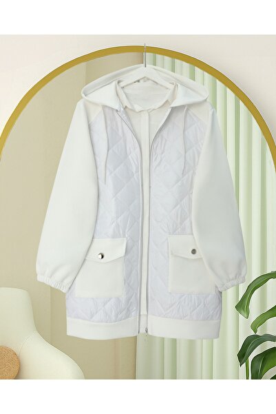 Modamorfo Hooded Scuba Sweat with Quilted Detail on the Front and Pockets - White