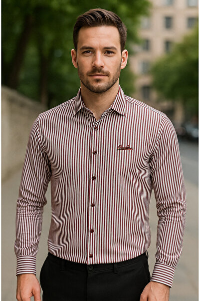 YusGos Men's Long Sleeve 100% Cotton Striped High Quality Regular Fit Shirt