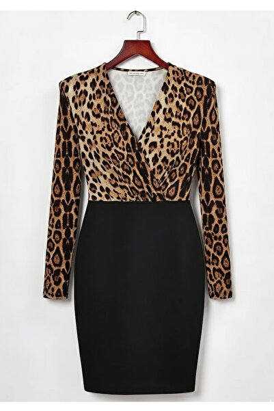 Little Visqon Kadın Uzun Kollu Kruvaze Yaka Üst Modal Alt İthal Krep Mini Elbise