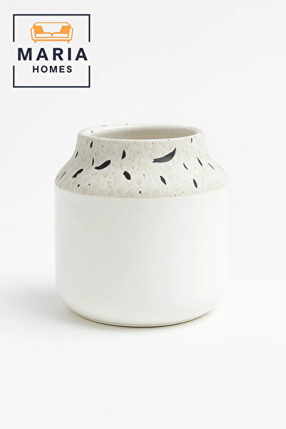 MARIA HOMES مزهرية سيراميك بيضاء برقبة منقوش عليها تيرازو - أصيص زهور عصري مزخرف للمنزل والمكتب