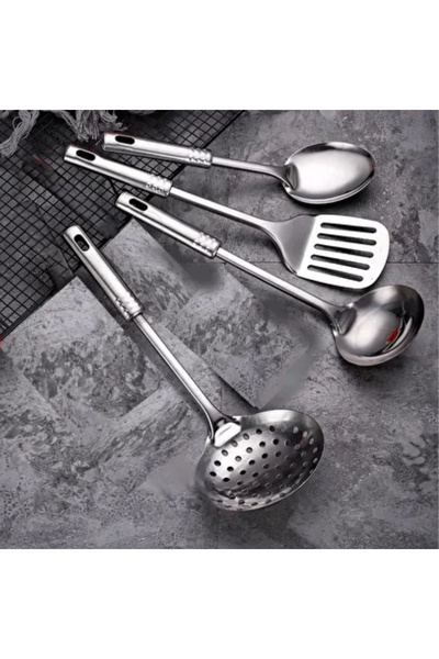 sui home جلوفيا ®   طقم تقديم طعام للمطبخ مكون من 4 قطع: مغرفة فولاذية، مصفاة، ملعقة تقديم، ملعقة تقليب