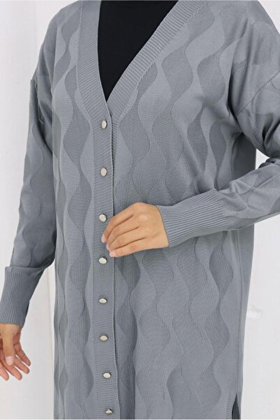 TRENDTESETTÜR Women's Gray Patterned Knitwear Cardigan t 9323