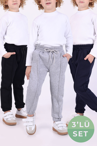 Lovexi Winter 3-Thread Fleece-Lined Sweatpants with Pockets for Boys and Girls, Black, Navy Blue, Gray (Set of 3)