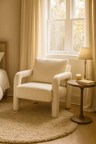 MARIA HOMES Luxury White Fabric Lounge Chair | Premium Living Room Armchair