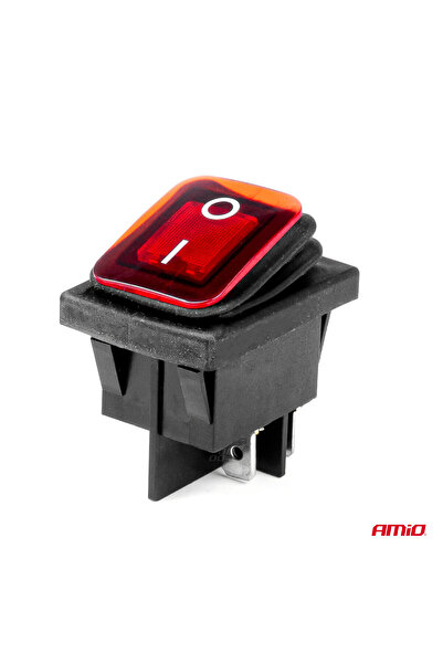 AMIO On/Off switch, 12/24V, rectangular, waterproof, Red illuminated, for cars, utility vehicles