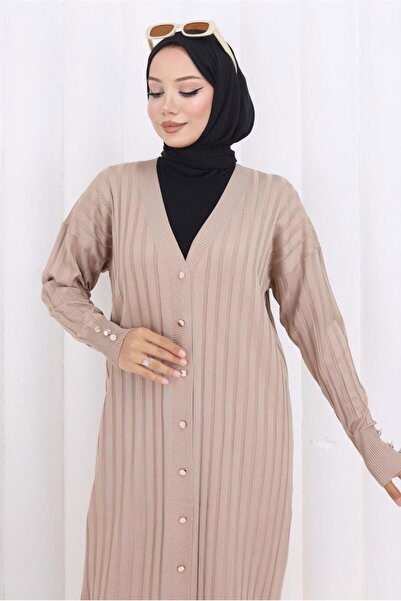 TRENDTESETTÜR Women's Beige Long Knit Cardigan t 7523
