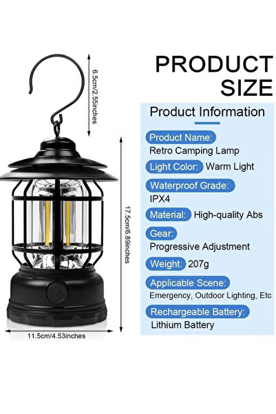 Generic LED camping lamp, vintage rechargeable portable, suitable for camping and tent hanging
