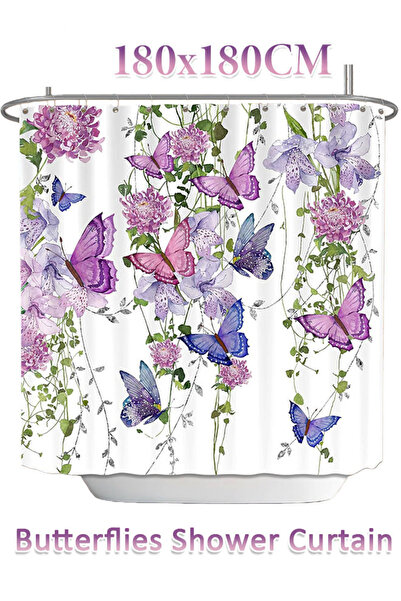 Generic ستارة دش للحمام، مجموعة ستائر دش مزينة بنقشة فراشات الربيع الزهرية مع 12 حلقة تعليق