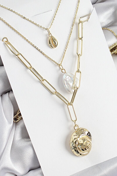 shopwave قلادة نسائية من النحاس متعددة السلاسل واللؤلؤ على شكل صدفة البحر بال...