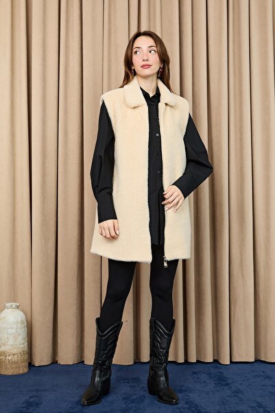 Puane Women's Zippered Plush Vest - 15238Ylk - Beige