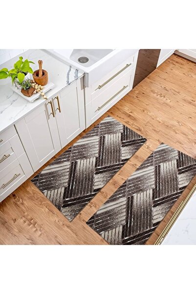 OEM Set of 2 Non-Slip Rugs, Beige with Brown, 60 x 120 / 60 x 120 cm