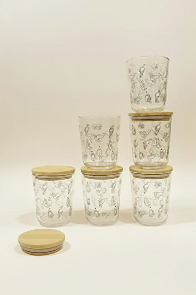 Fhilli Motto - Set of 6 Bamboo Vacuum Lid Glass Storage Containers with Cat Pattern Spice Jar Set 315 ml