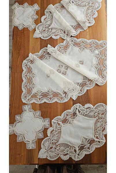 BRL ÇEYİZ HOME Σετ σαλονιού πολυτελείας με γκιπούρ σε λινό χρώμα