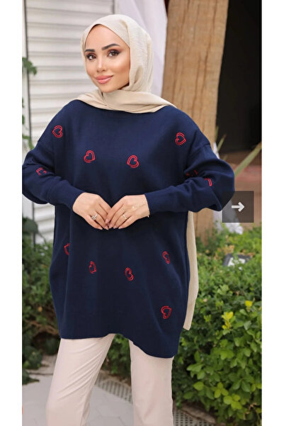 ZENNE TOPTAN Kalp nakışlı triko tunik kazak lacivert