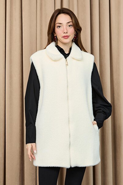 Puane Women's Zippered Plush Vest - 15238Ylk - Ecru
