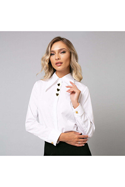 Minimalis Women's elegant white shirt with oversized collar and heart buttons