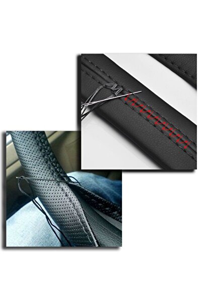 Avex Steering wheel cover made of GENUINE LEATHER WITH TWO RED STRIPES, for cars, diameter 37 - 39 cm