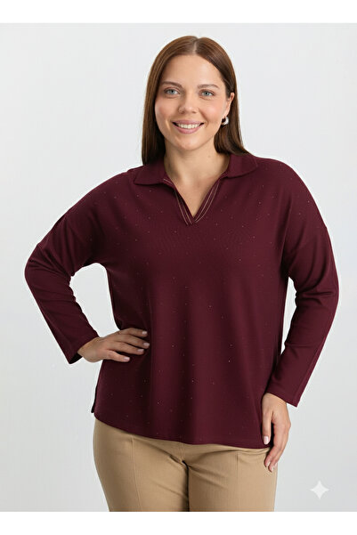 Selen Polo Yaka Taşlı Bordo Kadın Bluz 25KSL8213