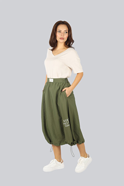 Ysatis Fusta de damă cu talie înaltă și elastică, confortabilă, cu vârf elastic, fustă kaki 2525.3000111-KHAKİ