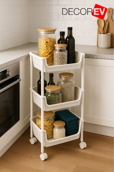 decorev 3 Katlı Tekerlekli Plastik Organizer Raf – Çok Amaçlı Mutfak, Banyo ve Ofis Düzenleyici (Beyaz) DC-6