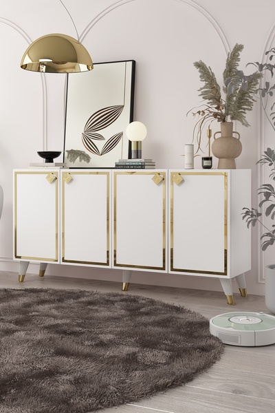 DEMONTE DECOR 8206-1DD KB150 KONSOL, TV ÜNİTESİ BEYAZ-ALTIN