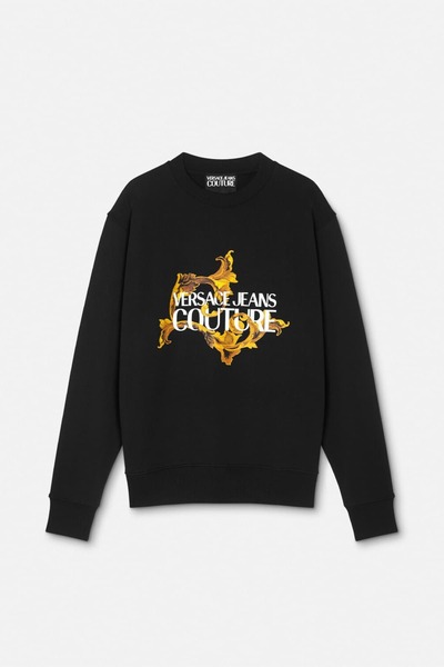 Versace Men's Regular Fit Baroque Patterned Letter Logo Crew Neck Sweatshirt - Black/Gold Yellow