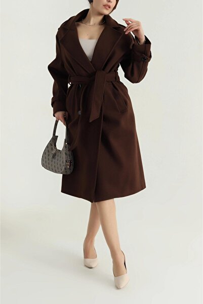 My Loore معطف نسائي مبطن باللون البني مع تفاصيل الكشمير MLB095