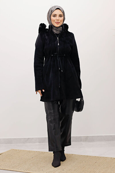 Tesettür Dünyası Hooded Zippered Fox Coat Tsd250238 Black