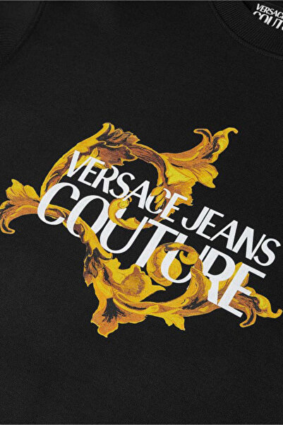 Versace Men's Regular Fit Baroque Patterned Letter Logo Crew Neck Sweatshirt - Black/Gold Yellow