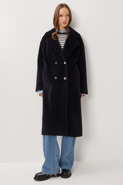 Lovelyİstanbul Kruvaze Yaka Oversize Kaşe Kaban LFG0173 SİYAH