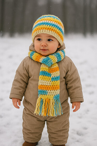 Yalçınoğlu Kids Hand Knitted Wool Children's Scarf Beanie Set |   2-6 Years Old |   Handmade Winter Set |   Warm Holder Winter Set I