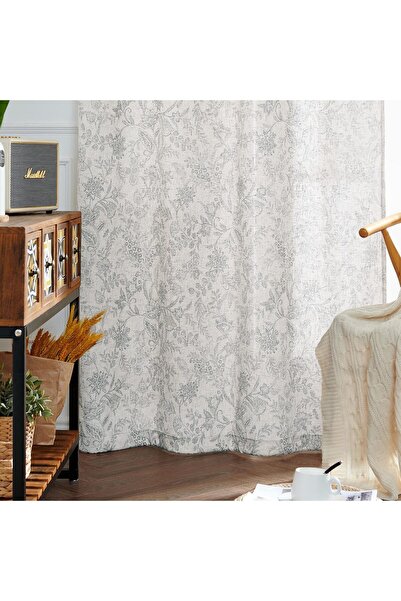 Vangaloo Vangao semi-sheer curtains, beige with gray plants, linen, 140 x 225cm