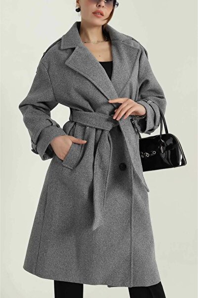 My Loore Ženski sivi Postavljeno kaput sa detaljnim epoletama Kašmir tkanina ...