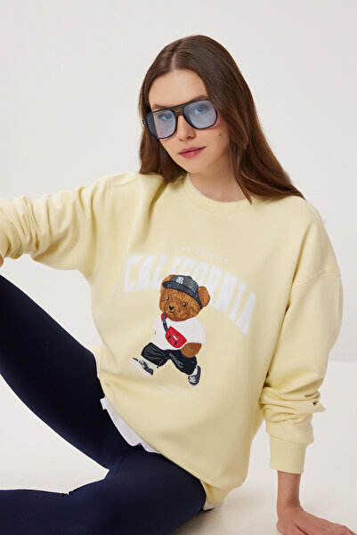 Lovelyİstanbul Ayıcık Armalı Baskılı Oversize Örme Sweatshirt LMC0074 SARI