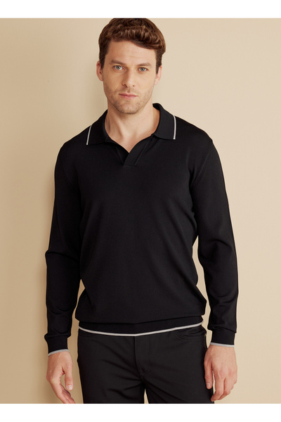 BROOKS BROTHERS Polo Yaka Standart Siyah Erkek Kazak BBFW25MKL022