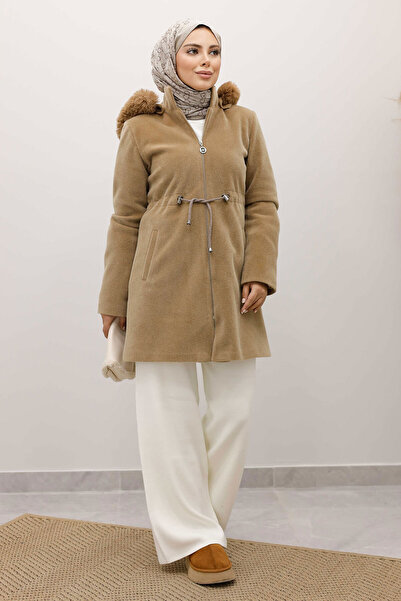 Tesettür Dünyası Hooded Zippered Fox Coat Tsd250238 Camel