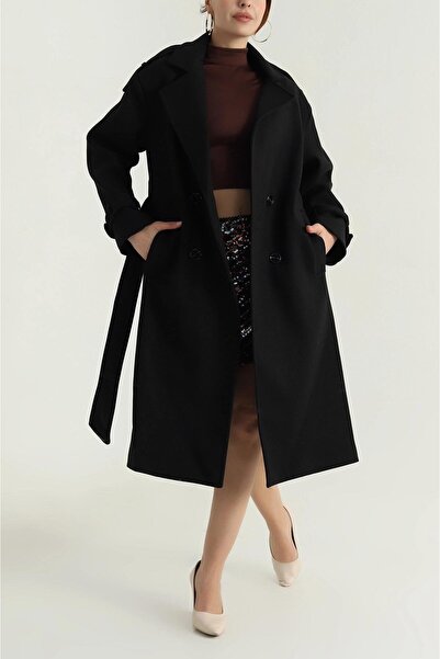 My Loore Women's Black Lined Epaulet Detailed Cashmere Coat Mlb095