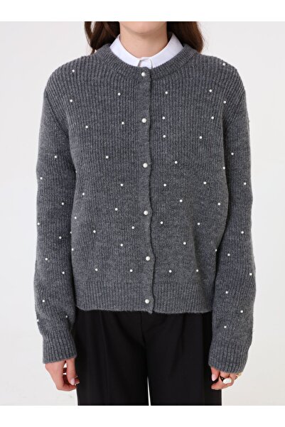 Refka Pearl Detailed Crew Neck Buttoned Knit Cardigan - Dark Gray -
