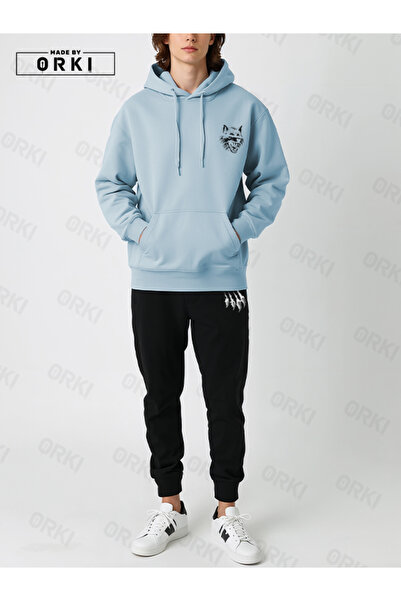 EFFRENATU Scary Wolf Printed Oversized Light Blue Hooded Sweatshirt Black Pants – Comfortable and Stylish Hoodie