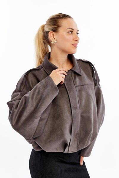 Primaro Zippered Epaulettes Bat Sleeve Apache Collar Suede Coat