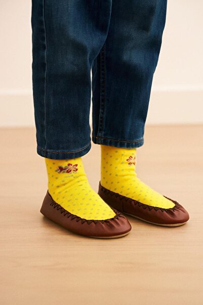 Katia&Bony Мокасини с флорални мотиви за момичета – Неплъзгащи се обувки за дома и детската стая Кафяви