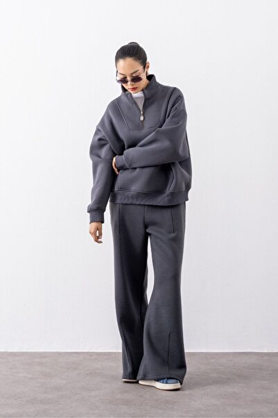 gothamvibes Kadın Antrasit Fermuarlı Oversize Sweatshirt